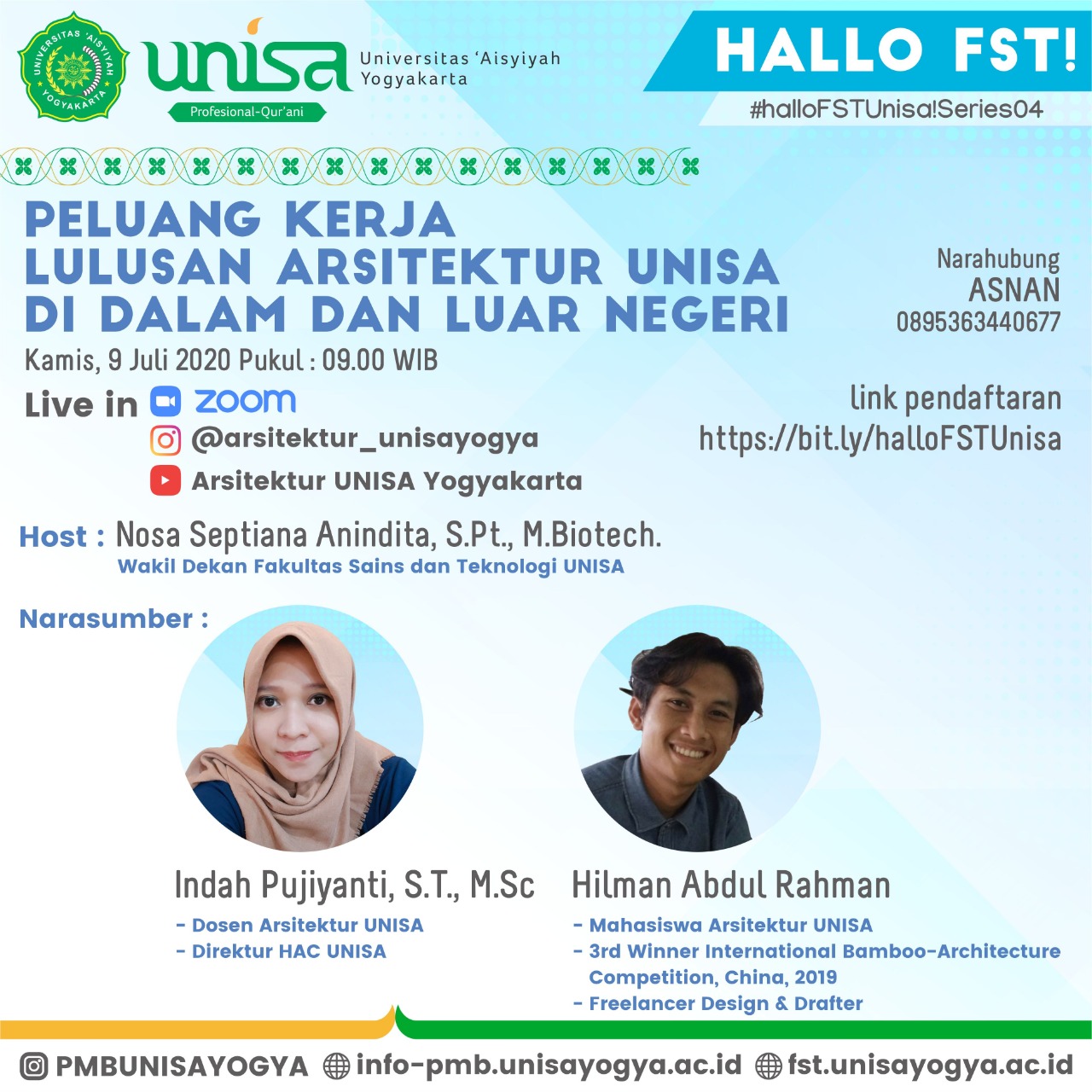 #HalloFSTUnisa! Series04 dengan tema “Peluang Kerja Lulusan Arsitektur Unisa di dalam dan Luar Negeri”