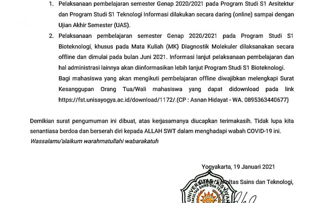 Pengumuman Pelaksanaan Pembelajaran Semester Genap 2020/2021 Fakultas Sains dan Teknologi UNISA Yogyakarta