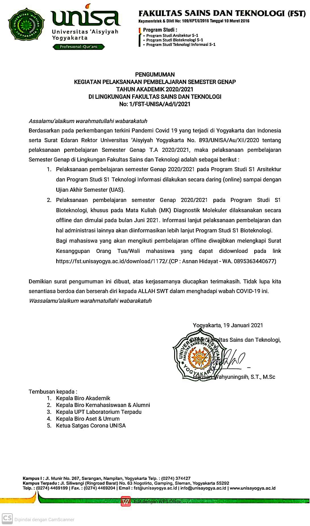 Pengumuman Pelaksanaan Pembelajaran Semester Genap 2020/2021 Fakultas Sains dan Teknologi UNISA Yogyakarta