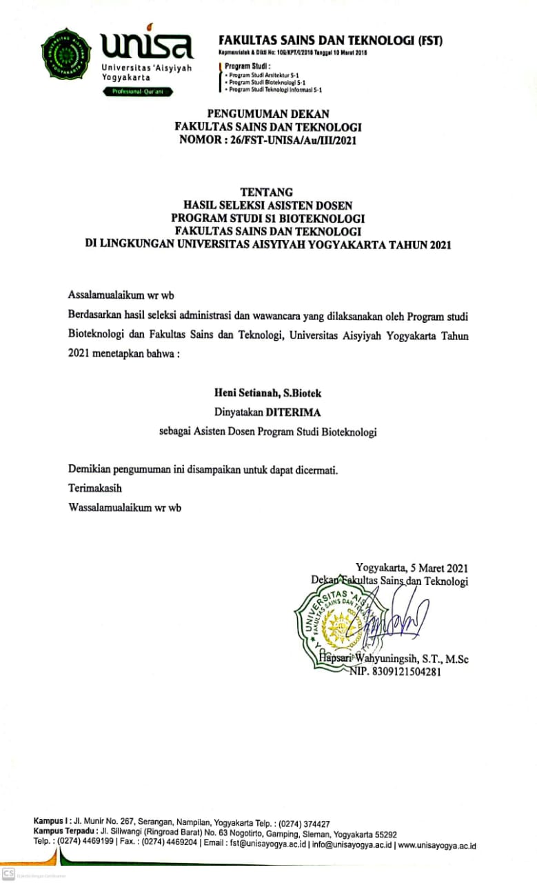 Hasil Seleksi Asisten Dosen Bioteknologi Tahun 2021